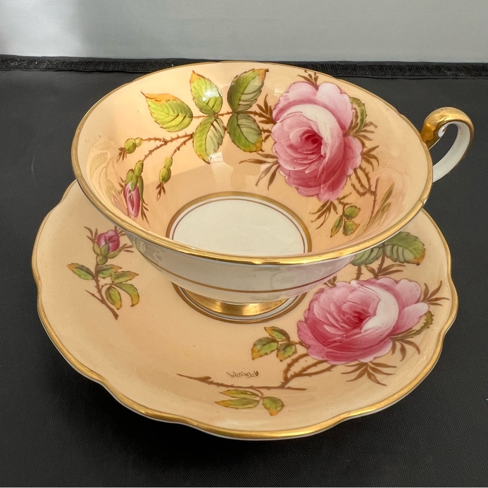 Vintage EB FOLEY FLORAL ROSE CUP & SAUCER artist signed -  A. TAYLOR